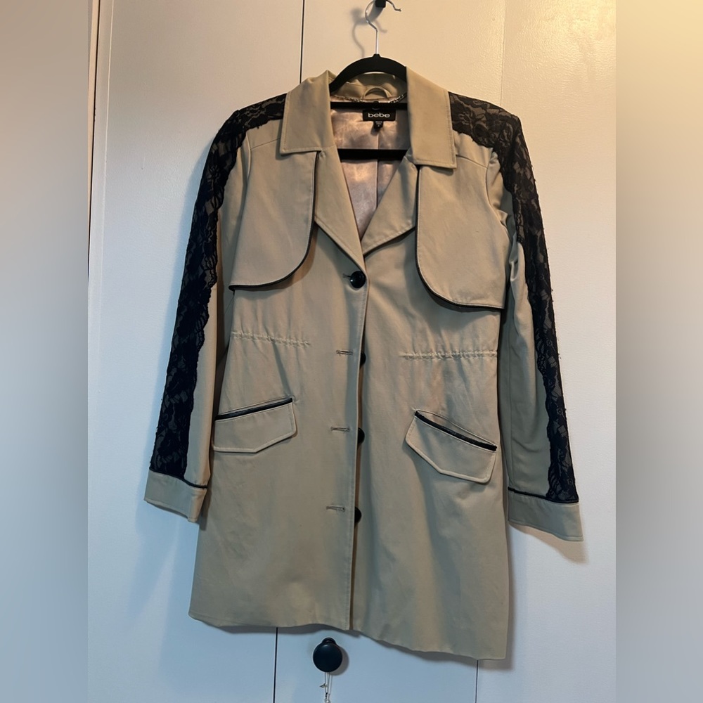 Bebe Raincoat With Black Piping Trim